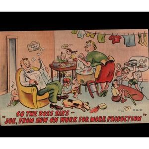 Vintage Linen Postcard Humor Funny Cartoon Marriage 40s Family Life Wife Boss